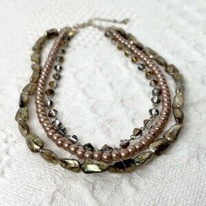 Unbranded Three Stranded Beaded Necklace Acrylic Faux Pearl and Crystal Beads